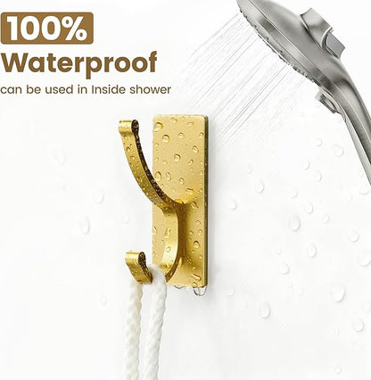 pickpiff Adhesive Wall Hooks with Strip - No Residue, Easy to Remove, Strong Heavy Duty Sticky Towel Hook, 4 Pack Brushed Gold