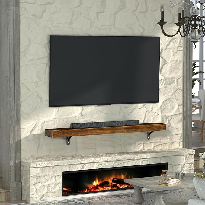 ROOMTEC Fireplace Mantel, Wood Fireplace Shelves with L-Shaped Brackets,Wall Mounted Wooden Shelving,Handcrafted Wood Brack,Mantels Over Fireplace, 48" x 8" x 3"-Dark Chocolate