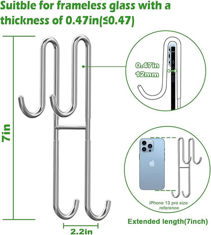 Cerbonny Shower Door Hooks, 2 Pack Extended Double Towel Hooks for Bathroom Frameless Glass Shower Door, Heavy Duty Stainless Steel Bathroom Hanger Without Perforation