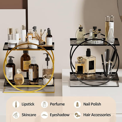 World-in-one 2 Tier Perfume Organizer for Dresser, Black Gold Perfume Makeup Perfume Stand Organizer for Vanity, Cosmetics Ideal Gift for Perfume Lovers-Black