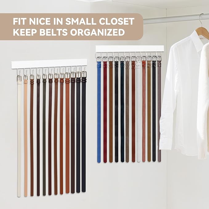 HOMEBROS Belt Hanger Wall Mount, Wooden Closet Belt Organizer with 24 Metal Hooks, Large Capacity, White, 2 Pcs