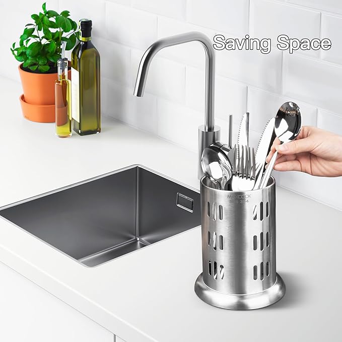 MAXCOOK Stainless Steel Chopstick Holder, 18/8 Stainless Steel Utensil Holder for Countertop, Round Drain Holes