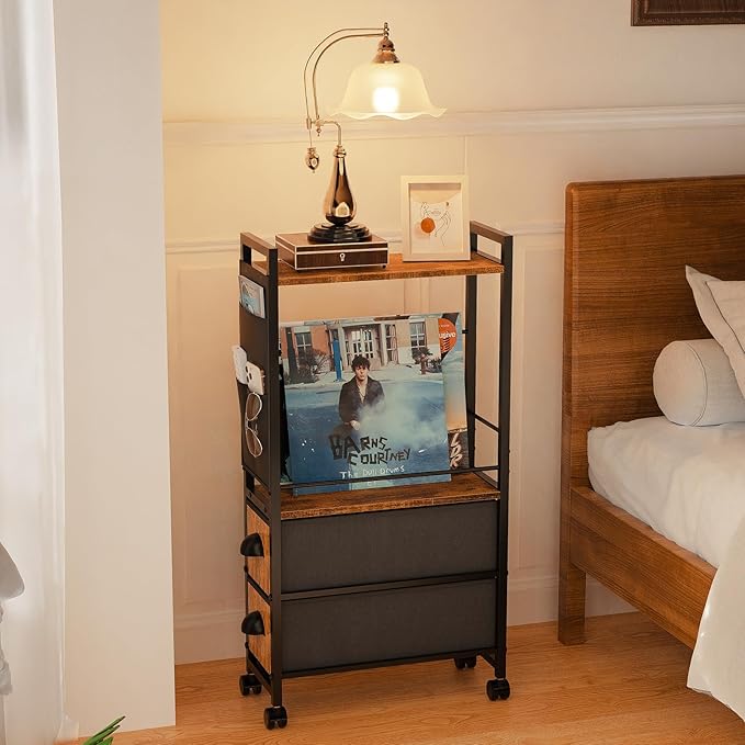Small Narrow Side End Table, 2 Drawer Slim Nightstand Bedside Sofa Table with Wheels, Space Saving Rolling Skinny Thin Desk with Storage Bag for Bedroom Living Room Couch Bathroom Dorm