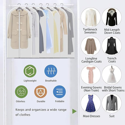 12-Pack 48-Inch Clear Garment Bags with Full Zipper - Dustproof Hanging Storage for Closets, Travel, and Seasonal Clothing Protection