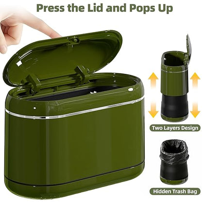 Mini Trash Can for Desk with 5 Rolls of Trash Bags, Small Press-Top Countertop Garbage Bin, Removable Waste Basket for Bedroom, Vanity, Coffee Table, Kitchen (Green Full-Lid)
