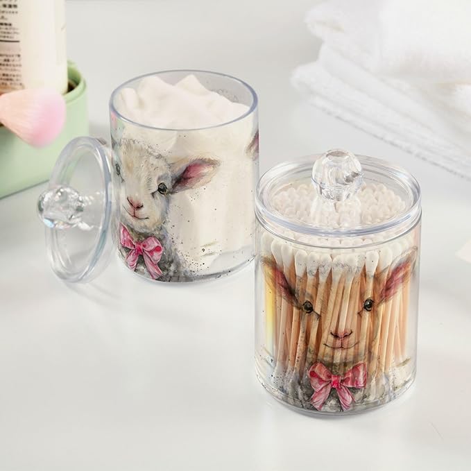 MNSRUU 4 Pack Qtip Holder Organizer Dispenser Cute Sheep Pink Bathroom Storage Canister Cotton Ball Holder Bathroom Containers for Cotton Swabs/Pads/Floss