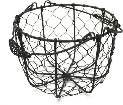 CVHOMEDECO. Round Chicken Wire Egg Basket Fruit Basket with Swing Handles Primitives Vintage Gathering Basket. Rusty