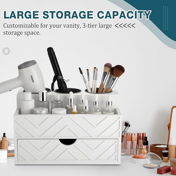 AceOrbit Hair Tool Organizer with Drawer, Hair and Makeup Bathroom Vanity Organizers and Storage Fits Blow Dryer, Curling Iron, Makeup Brushes, Skincare, Hot Tools Organizer for Tidy Counter(White)