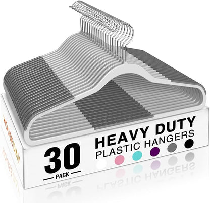 HOUSE DAY Heavy Duty Plastic Hangers 30 Pack, Non Slip Clothes Hangers with Rubber Pads and 360° Hook - Thin 0.2 Inch, Space Saving Coat Hanger Grey, Closet Organizer for Shirt, Pants, Suit, Skirt