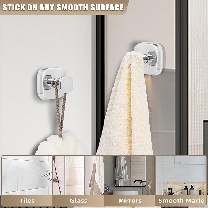 Fenas No-Drill Reusable Suction Cup Hooks, Towel, Robe, Loofah, Coat Hook for Glass, Mirror, Tile, Shower, Bathroom, Kitchen & Metal (Smooth, Non-Porous Surfaces) (4, Chrome Polished)