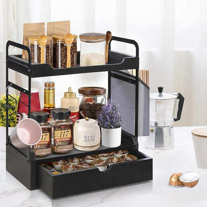Coffee Bar Accessories and Organizer, 2-Tier Coffee Station Organizer, Wood Kitchen Countertop Organizer with Bag and Hooks, Coffee Pod Holder for Coffee Bar Decor, Syrup Snack Organizer(Black)