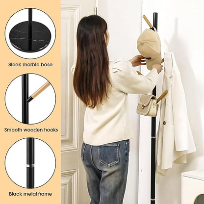 A&M Coat Rack Freestanding with 6 Wooden Hooks & Marble Base - 18 lbs Metal Coat Tree Stand for Hanging Clothes, Hats, Bags, & Jackets - Heavy Duty Purse Rack Stand for Entryway, Bedroom & Office