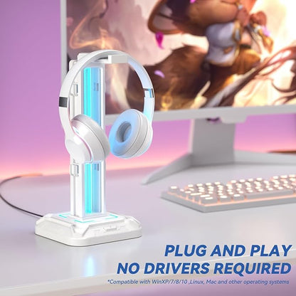 KDD RGB Headset Stand with 9 Light Modes - Controller Holder for Desk - Rotatable Headphone Stand & Detachable Controller Hook for PC Earphone Accessories(White)