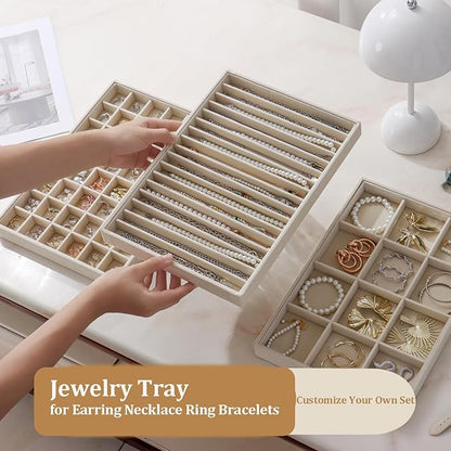 KATISYIO Large Jewelry Drawer Organizer Trays Set of 4, Stackable Velvet Jewelry Trays Organizer Holder Display Storage Showcase for Earring Necklace Bracelet Ring Accessary (Beige, 12+17+24+48 Grids)