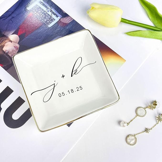 LullabyMall Custom Engagement Ring Holder Ring Dish, Custom Wedding Gifts for Couple, Bridal Shower Couple Jewelry Tray, Monogrammed Engagement Wedding Gifts for Bride 2