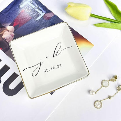 LullabyMall Custom Engagement Ring Holder Ring Dish, Custom Wedding Gifts for Couple, Bridal Shower Couple Jewelry Tray, Monogrammed Engagement Wedding Gifts for Bride 2