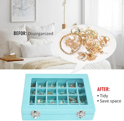 Velvet Jewelry Box 24 Grid Jewelry Ring Display Organiser Box Tray Holder Earrings Storage Case for Girls Wife Mom Women (Light Blue)