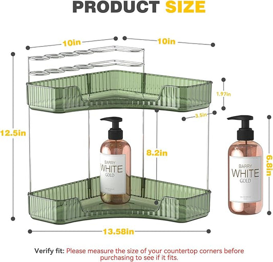 Asayuee 2-Tier Corner Bathroom Counter Organizer with Top Toothbrush Holders,Large Makeup Organizer Countertop with Brush Holder,Skincare Organizers Corner,Exquisite Vanity Organizer(Green, 2 Tier)