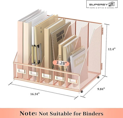 SUPEASY Desk Organizers Metal Desk Magazine File Holder with 5 Vertical Compartments Rack File Organizer for Office Desktop, Home Workspace, Rose Gold