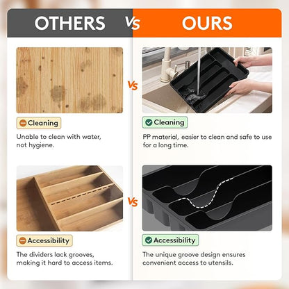 Lifewit Silverware Drawer Organizer Tray, Plastic Cutlery Storage for Kitchen Drawer, Flatware and Utensil Holder Divider for Spoons Forks Knives Tableware, 5 Compartment, Black