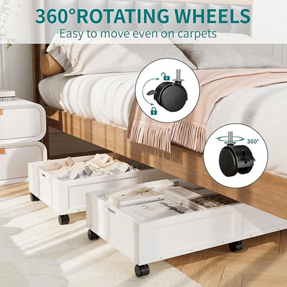Wood Under Bed Storage Containers Underbed Organizer with Wheels with Large Capacity Dust Bag,Sturdy Wood Rolling Under Bed Shoe Storage Organizer 2 Packs (Walnut, Tall) (White, Large)