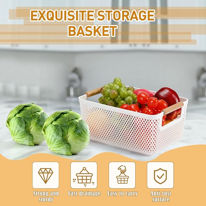 Tioncy 4 Pcs White Mesh Baskets with Wooden Handles Plastic Storage Organizer Baskets Pantry Basket Fruit Vegetables Gathering Basket Bin for Organizing Cabinet Closet Bedroom Kitchen(Small)