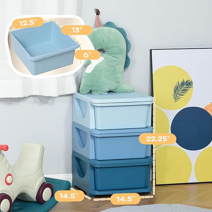 Qaba 3 Tier Kids Storage Unit, Toy Organizers and Storage with 3 Drawer Chest for Kids Bedroom Nursery Kindergarten Living Room for Boys Girls Toddlers, Blue