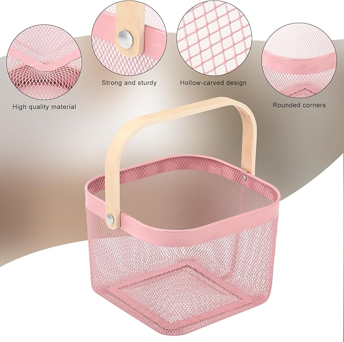 Roshtia 6 Pcs Metal Mesh Steel Basket with Handle, Rustic Square Wire Harvest, Shopping Baskets for Retail Store Garden Bathroom Kitchen(9.65 x 9.65 x 7.09 Inch,Pink)