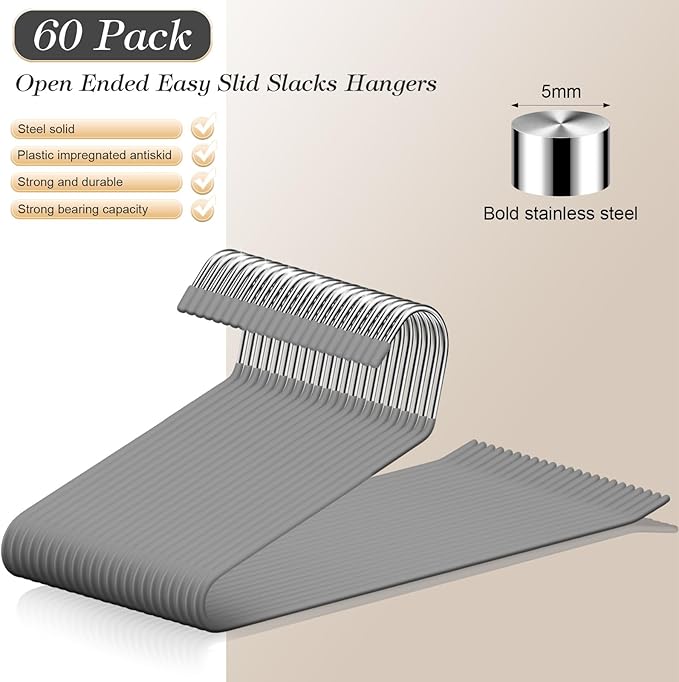 Treela 60 Pack Open Ended Pants Hangers, Metal Non Slip Hangers, Anti Rust Chrome Rubber Coating Slack Jeans, Heavy Duty Space Saving for Trousers Slacks Skirts (Gray)