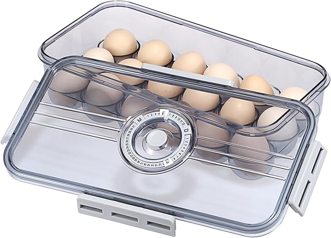 BSTKEY Egg Holder for Refrigerator, Egg Container with Time Scale, Egg Holder with Lid for Kitchen Storage, Stackable Tray for 18 Eggs