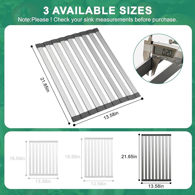 Hobychild 21.6" X 13" Roll Up Dish Drying Rack，Over The Sink Drying Rack 304 Stainless Steel Foldable Heat-Resistant Dishes Drainer for Kitchen and RV Sink Counter