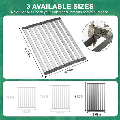Hobychild 21.6" X 13" Roll Up Dish Drying Rack，Over The Sink Drying Rack 304 Stainless Steel Foldable Heat-Resistant Dishes Drainer for Kitchen and RV Sink Counter