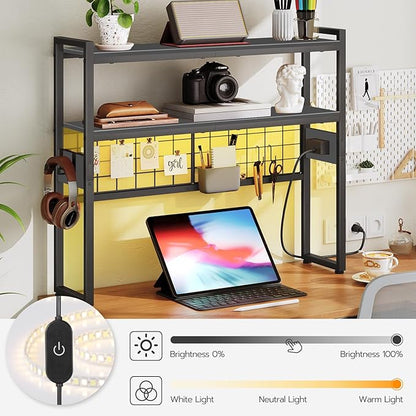 HOOBRO Desktop Bookcase, 2-Tier Office Desktop Organizer, 29.9" Wooden Storage Rack with Outlets, Display Shelf Rack with Light Strip, Desk Hutch for Office, Black BB11UDSJ01