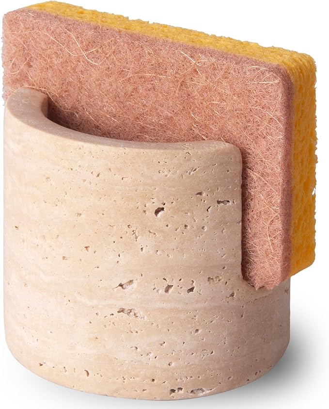 MALIHOO Travertine Natural Marble Sponge Holder, Sponge Caddy for Sink Organizer, Kitchen, Bathroom, Fast Absorbing, Durable, Elegant and Stylish