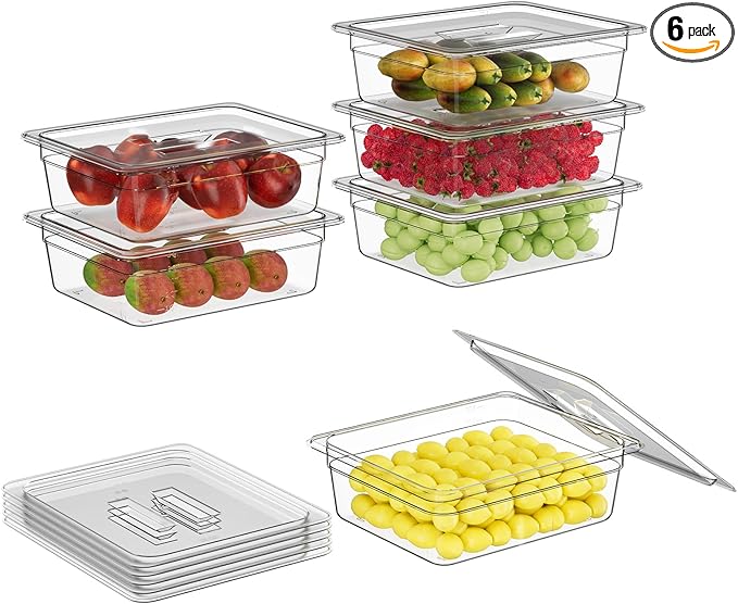FORITRUE 1/2 4'' 6 Pack Plastic Food Pans With Lids, Clear Food Pan, Commercial Stackable Polycarbonate Freezer-Safe for Fruits Vegetables Restaurant Kitchen