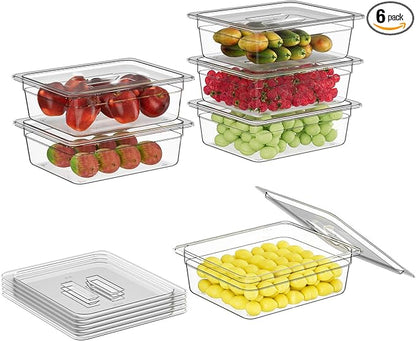 FORITRUE 1/2 4'' 6 Pack Plastic Food Pans With Lids, Clear Food Pan, Commercial Stackable Polycarbonate Freezer-Safe for Fruits Vegetables Restaurant Kitchen