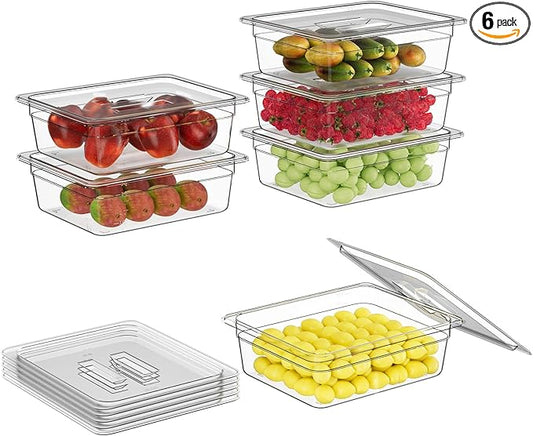 FORITRUE 1/2 4'' 6 Pack Plastic Food Pans With Lids, Clear Food Pan, Commercial Stackable Polycarbonate Freezer-Safe for Fruits Vegetables Restaurant Kitchen