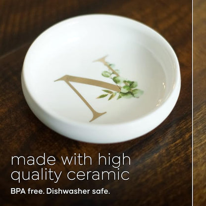 Cedar and Ink Ring Dish with Personalized N in Gold Foil & Greenery, Monogrammed Jewelry Dish, Accessories & Wedding Ring Holder, Dressing Table Tray