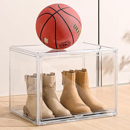 VGLXTRNT 2 Pack XXX-Large Clear Display Case 17.7" x 13" x 13" Extra Large Display Organizer Box with Magnetic Door, Stackable Acrylic Storage Bin for Boots, Shoes, Collectibles, Bags, Figures