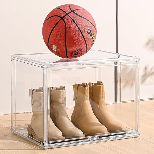 VGLXTRNT 2 Pack XXX-Large Clear Display Case 17.7" x 13" x 13" Extra Large Display Organizer Box with Magnetic Door, Stackable Acrylic Storage Bin for Boots, Shoes, Collectibles, Bags, Figures