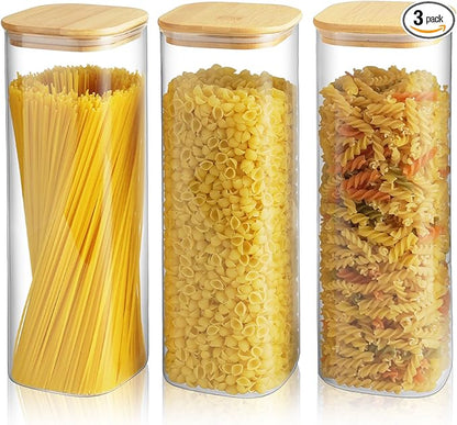 Glass Spaghetti Pasta Storage Container - 3 Pack 82 OZ Airtight Food Storage jar with Bamboo Lid Labels - Tall Square Kitchen Pantry Canister Set for Noodle Cookies Flour Cereal Coffee Bean