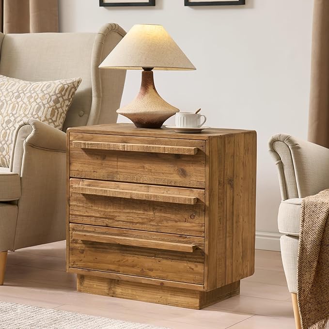 HOKYHOKY Reclaimed Solid Wood Nightstand-24 Inches Large End Table with 3 Drawers, Pre-Assembled Farmhouse Bedside Tables for Living Room, Bedroom