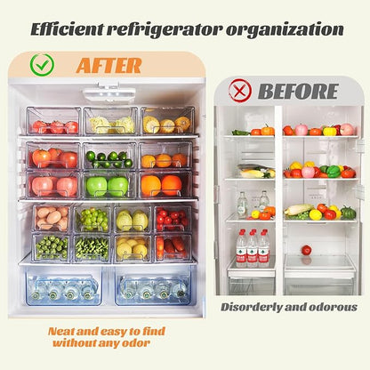 2 Pack Clear Stackable Refrigerator Organizers and Storage Drawers - Pull-Out Fridge Bins with Anti-Slip Base & Easy Clean, Plastic Organizers for Kitchen Pantry Cabinet Closet (Medium)