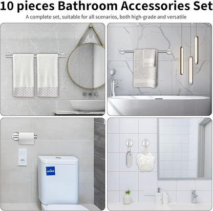 Newfun 10Pcs Brushed Nickel Bathroom Hardware Set - Includes 24&18inch Towel Bar, Robe Hook, Toilet Paper Holder, 2 Pack 5 Piece Bathroom Accessories Set Stainless Steel Wall Mounted