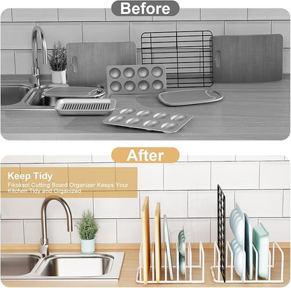 Cutting Board Organizer and Baking Sheet Rack, [1-Pack] White Heavy Duty Metal Cookie Sheet Organizer for Cutting Board Storage & Plate Holder for Cabinet, Tray Dividers for Cabinets