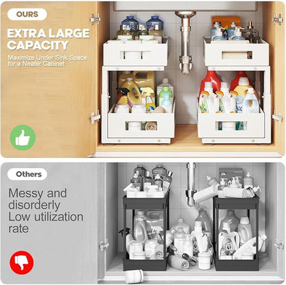 Under Sink Organizer, 2-Tier Dual Pull Out Cabinet Organizer Drawers With Smooth Circular Rail, Large Capacity Metal Mesh Sliding Shelves For Bathroom& Kitchen Storage,Height Adjustable–White,1 Pack