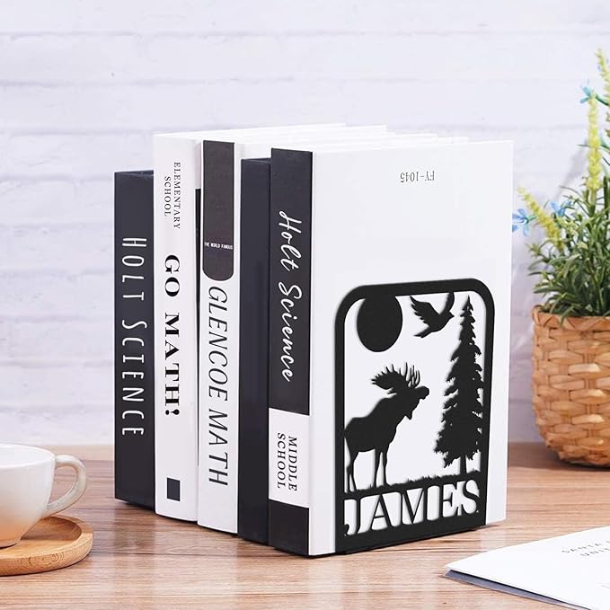 Custom Deer Metal Book Ends 2 Pcs, Forest Theme Bookends for Shelves Decorative, Heavy Duty Bookend Stopper, Deer Cabin Decor, Book Organizer for Desk, Black Book Holders for Home Office, Hunter Gifts