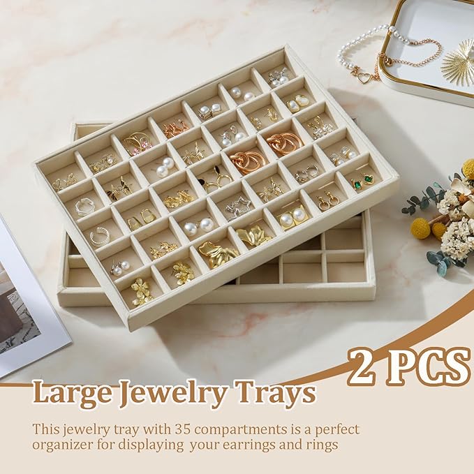 KATISYIO Large Velvet Jewelry Tray 2 Pack Stackable Jewelry Display Drawer Inserts Trays Organizer for Earring Bracelet Necklace Ring (Beige, 35 Grids)