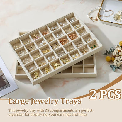 KATISYIO Large Velvet Jewelry Tray 2 Pack Stackable Jewelry Display Drawer Inserts Trays Organizer for Earring Bracelet Necklace Ring (Beige, 35 Grids)