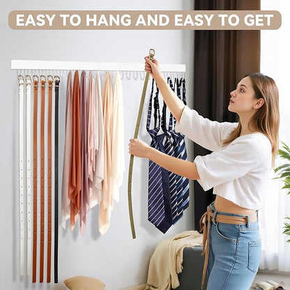 HOMEBROS Belt Hanger Wall Mount, Wooden Closet Belt Organizer with 24 Metal Hooks, Large Capacity, White, 2 Pcs